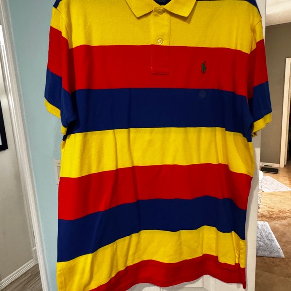 New Ralph Lauren Men's Polo Shirt - Bold Yellow, Red, and Blue Stripes Large - Picture 5 of 7